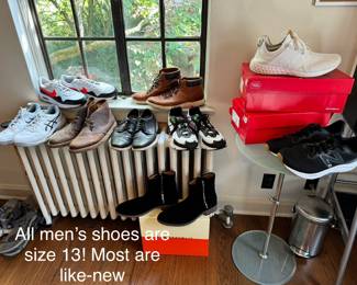 Several pairs of nice men’s shoes. All size 13.
New Balance, ASICS, Nike, Clarks, Cole Haan. Brand new New Republic suede boots with box.