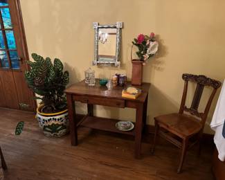 Antique library table with desk, arts & crafts. Waterford crystal lidded candy jar. Set of 4 Barry Breidemeier surreal art glass face glasses/vases.&nbsp;Table, 36x24x29"