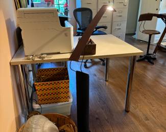 Beautiful 1930s hanging light fixture on floor,  MCM Mario Barbaglia & Marco Colombo floor lamp, Techline desk tables with chunky chrome legs, Nice brother office printer