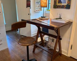 Beautiful antique architect drafting table with beautiful matching industrial stool (rare!). Desk, 35x27x35"
