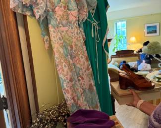 Halter dress on left was found in box labeled, "9th grade prom dress" EE love! With adorable matching shawl. Dress on right is 1970s polyester tank dress with another adorable matching shawl. 1970s cork and purple suede shoes and some wooden wedges from 1970s too. Both are size 9.