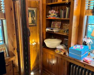 Very cool vintage phone booth door from San Fransisco, 26x75". Neat antique milk-glass school house light fixture
Vintage trucks, puzzles, and toys. Vintage Barbie case with dolls and clothing Three Stooges items