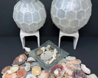 Capiz Lanterns (Set Of 2), Shells, & Blown Glass Dish	
