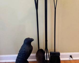 Black Iron Fireplace Tool Set w/ Shovel & Brush + Cement Raven Statue