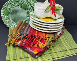 Shafford Fruit Du Jour Motif Plates '87, Assorted Vintage Plates, & Table Runner +	