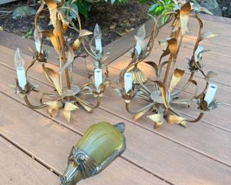 Pair Of Matching Vintage Gold Leaf Chandelier + Cast Iron Sconce	