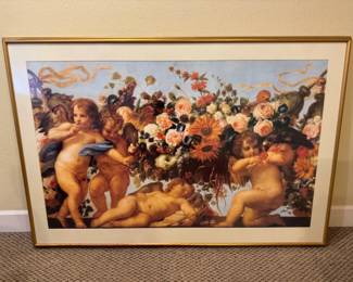 61x41" Baroque Print: Festoon of Flowers w/ Four Putti By Tamm & Calandrucci	