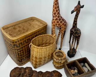 Vintage Hand Carved Giraffe, Banksia-nut Coasters, Bamboo Baskets+	