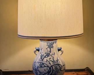 Blue Ceramic Table Lamp w/ Birds & Blossom Design	