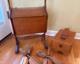 Vintage Sewing Stand, Shoe Shine Box, & Shoe Tree Set (2)	