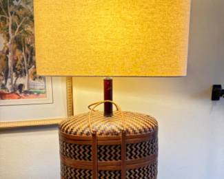 Large Vintage Wicker Basket Lamp on Wood Base & Tan Linen Shade	