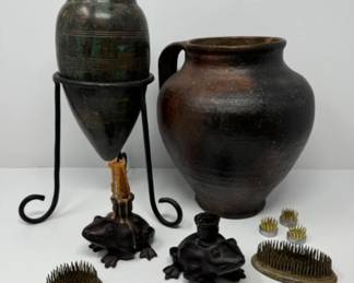 Antique Jar & Vase, Iron Frog Candle Holders, & Metal Flower Frogs	