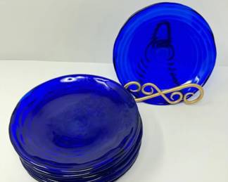 Handblown Art Glass Bowl w/ Textured Swirl Design + Matching Plates