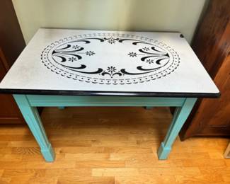 Vintage Teal Square Table w/ Metal Top & Stencil Design