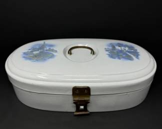 Vintage German Metal Lock Box in Blue & White Dutch Windmill Scene	