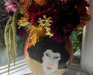 Signed Terri Cody Double-Sided Vase '97 - Lady Portrait in Bright Colors