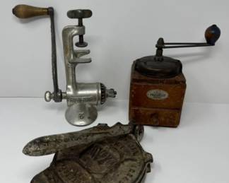 Vintage Peugeot Coffee Grinder, Cast Iron Tortilla Press, & Universal Meat Grinder	