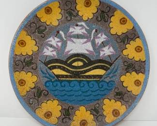 Signed & Dated Hand-Painted Ceramic Plate: Sailboat & Floral Design	
