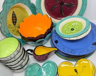 28 Pcs. Signed Kri Kri Handcrafted Pottery Dishes In Vibrant Colors