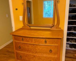 Late Victorian Style Curly Maple Vanity Dresser w/ Beveled Mirror & Drawers	