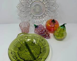 Iridescent Carnival Bowl, Green Relish Tray, Handblown Paperweight Glass +
