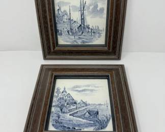 19th Century Delftware Inspired Landscape + Canal & Boat Scene Framed Tiles