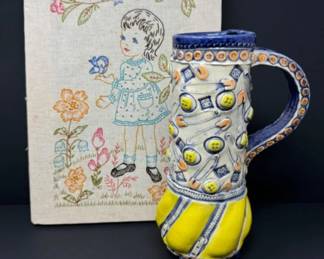 Yellow Ceramic Mug & Vintage Floral Garden Embroidery	