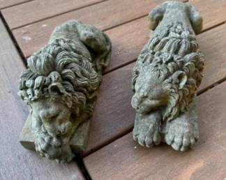 Pair Of 12" Concrete Sleeping Lion Statues
