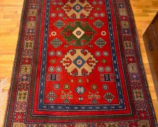 Hand-Knotted Caucasian Style Rug in Red & Green Wool Design