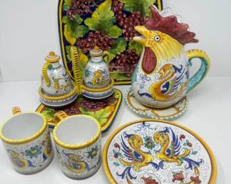 Dip A Mano Siena Pottery: Rooster Coffee Mugs, Pitcher, Serving Plate+