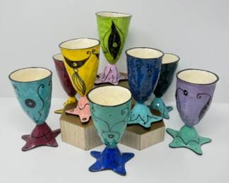 8-Pc. Kri Kri Handcrafted Glazed Ceramic Goblets w/ Star Shaped Base