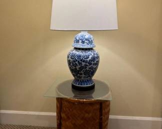 Blue & White Ceramic Lamp + Bamboo Wicker End Table Set	
