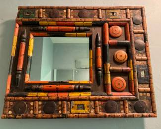 Vintage Carved Wood Stained Mirror w/ Red & Yellow Accents