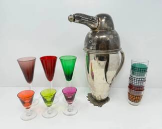 Checker Design Shot Glasses, Penguin Cocktail Shaker, & Multi-Color Cordial Glasses