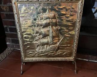 1930s Antique Brass Fire Screen w/ Ship Embossed Design	