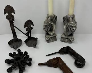 Antique Oil Lamp, Iron Knockers, Mythical Sculpture Candle Holders+	