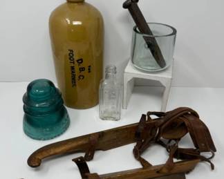 Collection of Odd Antiques: Ice Skate Buttons, Railroad Nail, Teal Glass, & More	