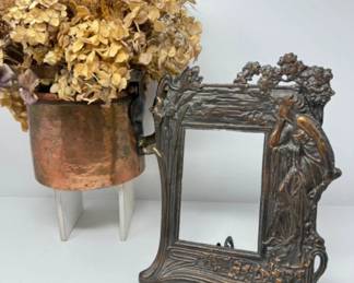 Antique Art Nouveau Iron Frame & Copper Teapot w/ Dried Flowers	