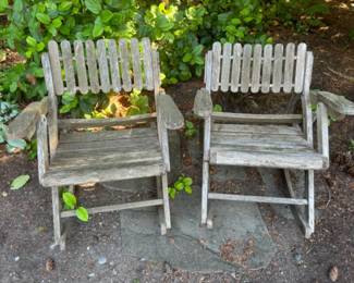 Pair Of Weathered Wood Garden Armchairs	