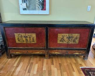 Antique Chinese Lacquer Sideboard w/ Hand-Painted Landscape	