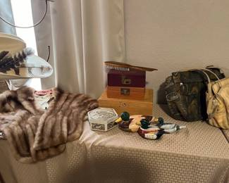 Vintage mink wrap, vintage jewelry boxes, ceramics