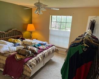 Vintage King bed with mattress, lots of king bed linens, Men's shirts