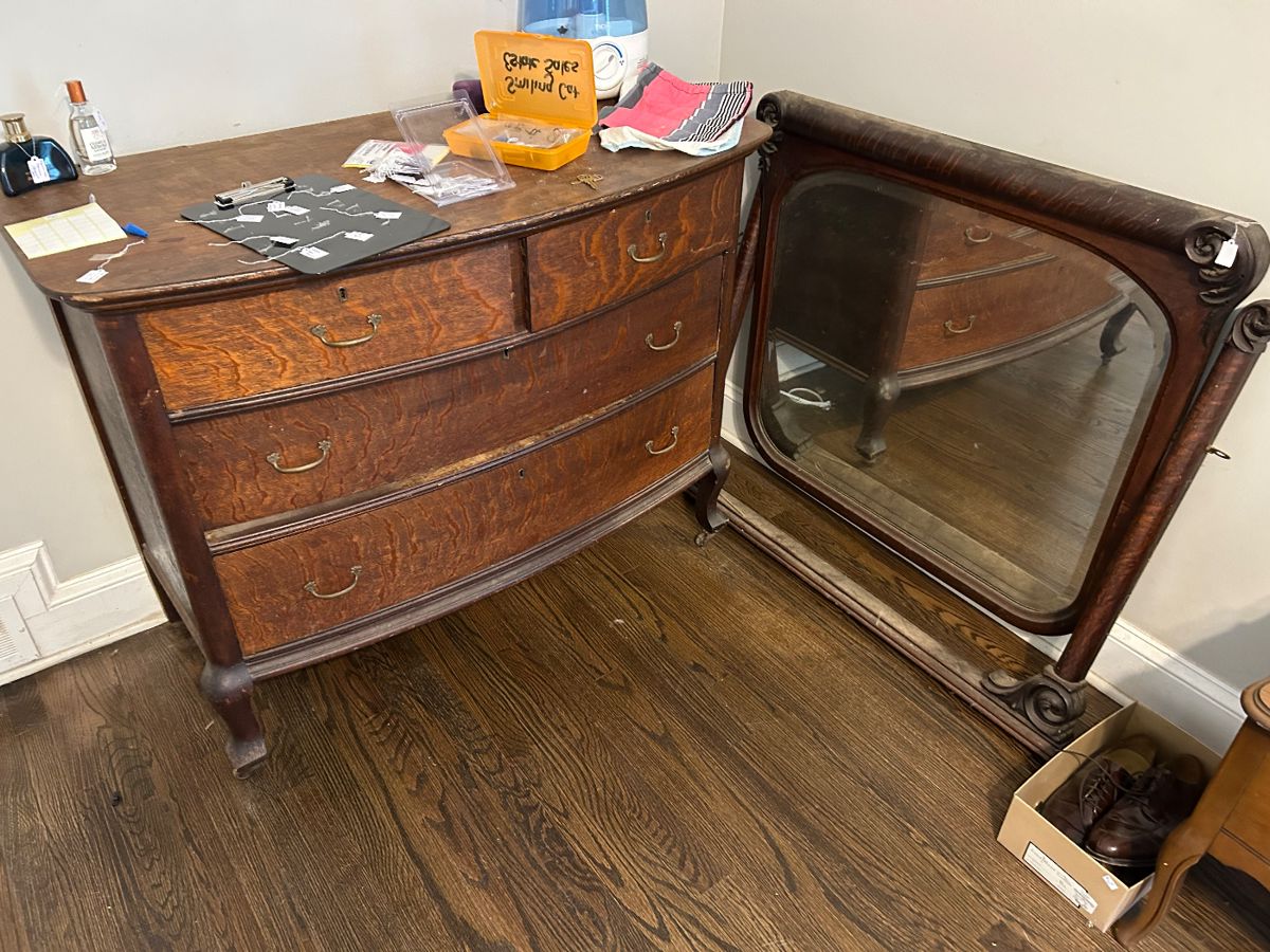 Beautiful oak dresser with beveled mirror, Tommy Bahama cologne, brand  new Cole Haan Shoes and more