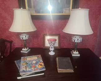 Mirror, cranberry glass lamps & vintage books