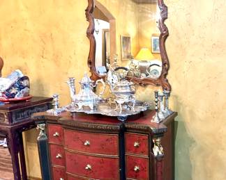 Theodore Alexander Leather Wrapped Chest & Ornate Wood Framed Beveled Mirror