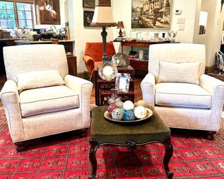 Pair of Beautifully Upholstered Ivory Chairs and Bokhara Rug