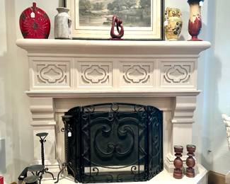 Cast Stone Mantel and Iron Fireplace Screen