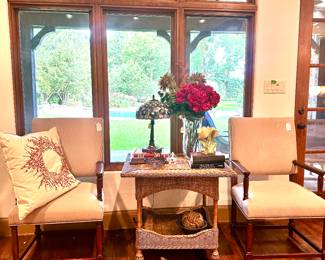 Pair of RH Arm Chairs and Wicker/Rattan Two Tiered Table