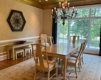 Bernhardt Rectangular Dining Table (42"W x 29"H x 64"L with 1 Leaf 18"L) with Bernhardt Dining Chairs (4 Side Chairs & 2 Armchairs) & Bernhardt Console Table (16"D x 56"W x 27"H) with Bernhardt Stools ( 20"W x 16"D x 16"H / 2 Total)