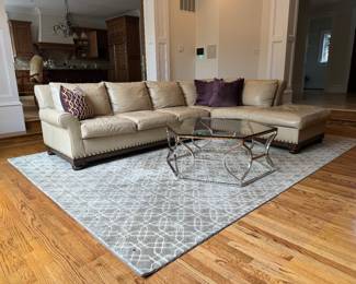 Leather Sectional (LAF 1 Arm Sofa- 43"D x 35"Back Height x 84"W / RAF Chaise - 43"D x 96"L x 35" Back Height)  Bernhardt Glass Top Argent Metal Stainless Steel Cocktail Table (46"D x 18"H) & Rectangular Machine Made Carpet (13' x 9') 